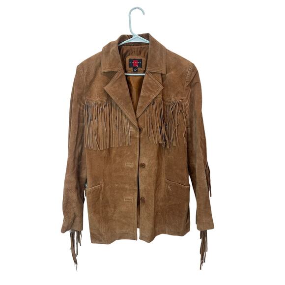 Vintage Leather Fringe Western Jacket Gallery Sz M Tan Brown - Ink Marks Nice! - Picture 1 of 10